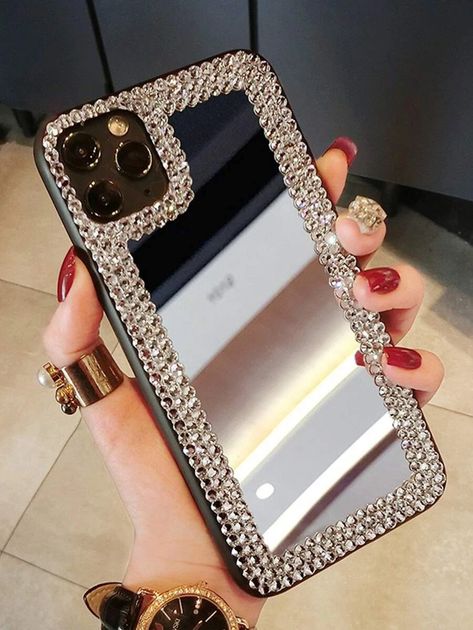 Rhinestone Decor Mirror iPhone Case | SHEIN USA Rhinestone Mirror, Kawaii Clothes Goth, Bling Phone Cases, Iphone Colors, Iphone Background Aesthetic, Girly Phone Cases, Decor Mirror, All Iphones, Iphone 2