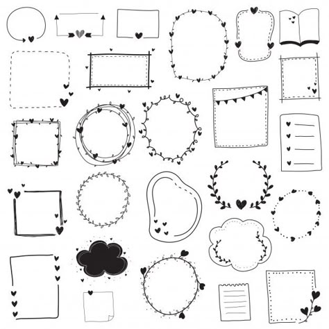 Doodle set black and white line frame an... | Premium Vector #Freepik #vector #flower Bullet Journal Frames, Doodle Borders, Idee Cricut, Doodle Frame, Doodle Frames, Bullet Journal Diy, Sketch Notes, Bullet Journal School, Diary Ideas