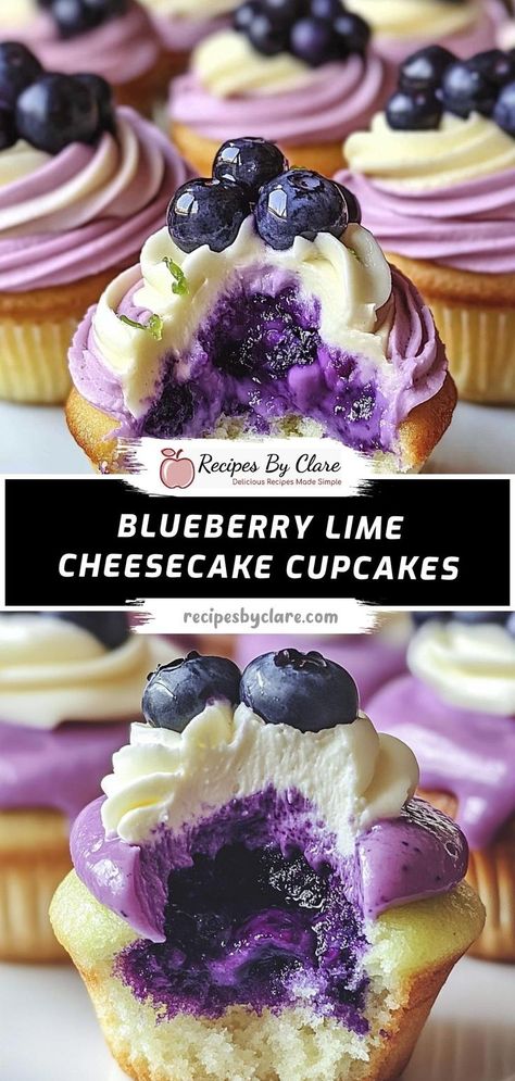 These creamy Blueberry Lime Cheesecake Cupcakes feature a buttery graham cracker crust, a rich cheesecake filling with lime zest, and juicy blueberries. Topped with whipped cream and extra berries, they’re a delightful dessert for any event! Ingredients: 1 ½ cups graham cracker crumbs Zest of 1 lime 1 cup blueberries Light, tangy, and delicious, these cheesecake cupcakes are sure to impress! Blueberry Cheesecake Cupcakes, Rich Cheesecake, Cheesecake Muffins, Lime Cheesecake, Cheesecake Cupcakes, Cheesecake Filling, Refreshing Desserts, Delicious Cake Recipes, Blueberry Cheesecake