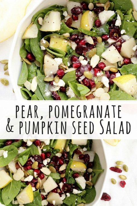 This easy pumpkin seed salad recipe combines all things summer and fall. This spinach salad is topped with pomegranate seed, feta cheese and pumpkin seeds. Poppy Pumpkin, Easy Pumpkin Seeds, Pumpkin Seed Salad, Salad With Poppy Seed Dressing, Simple Spinach Salad, Autumn Salad Recipes, Seed Salad, Thanksgiving Salad, Pomegranate Recipes