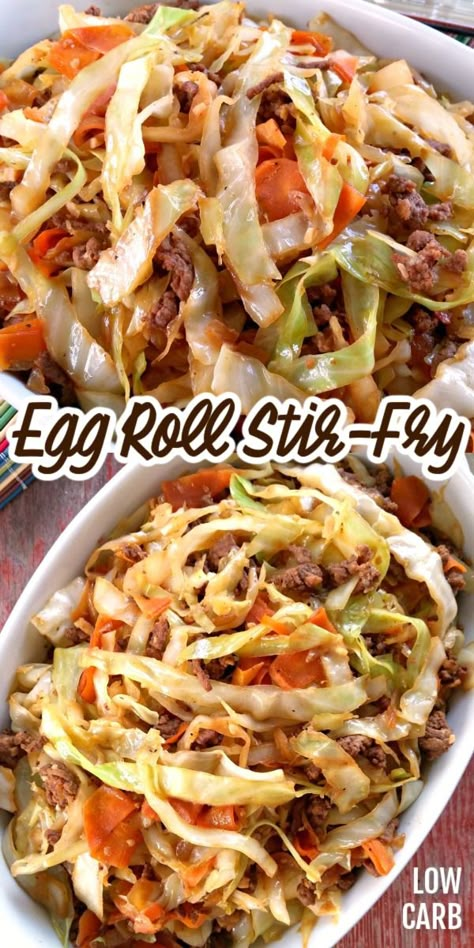 Egg Roll Stir-Fry! A simple skillet recipe with cabbage and all the flavor of an egg roll without the wrapper - like an unstuffed egg roll in a bowl - that's low carb and keto friendly! Stir Fry Egg, Egg Roll Stir Fry, Whats For Supper Tonight, Stir Fried Cabbage Recipes, Stir Fried Cabbage, Recipe With Cabbage, Fry Egg, Fried Cabbage Recipes, South Your Mouth