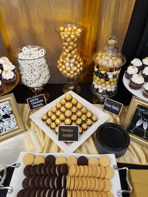 50th Party Dessert Table, Black And Gold Party Treats Dessert Tables, Black And Gold Party Snacks, 60th Birthday Treat Table, 50th Birthday Party Dessert Table Ideas, Black And Gold Dessert Ideas, Black And Gold Candy Table Ideas, Black And Gold Food Ideas, Black And Gold Party Theme For Men