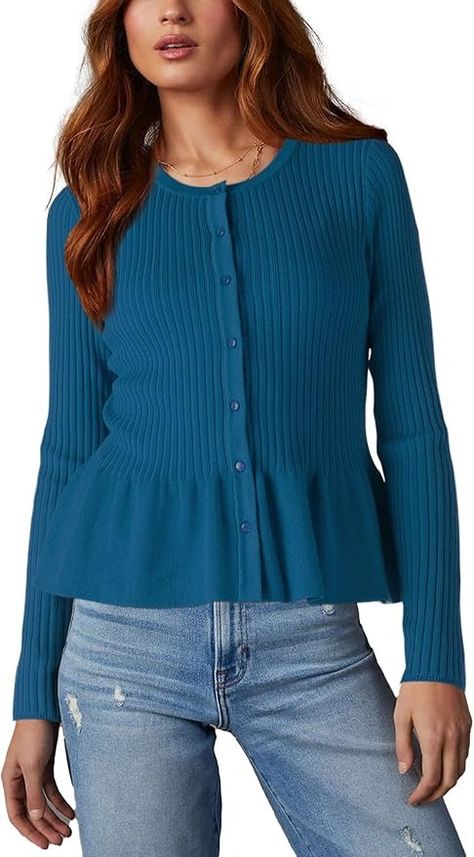 Beautiful Nomad Women's Long Sleeve Cardigan Peplum Sweater Crew Neck Button Tops Knit Ribbed Elegant Outwear Coat Blue at Amazon Women’s Clothing store Icelandic Sweaters, Peplum Sweater, Alpaca Cardigan, Navy Blue Linen, Outwear Coat, Chunky Knit Cardigan, Collar Cardigan, Casual Cardigans, Hooded Cardigan