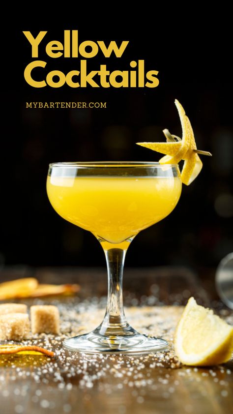 Yellow Cocktails Yellow Cocktails Recipes, Bright Cocktails, Sunflower Cocktail, Yellow Drinks, Yellow Mixed Drinks Alcohol, Yellow Alcoholic Drinks For A Party, Yellow Cocktails Drink, Yellow Cocktails, Yellow Foods For Party