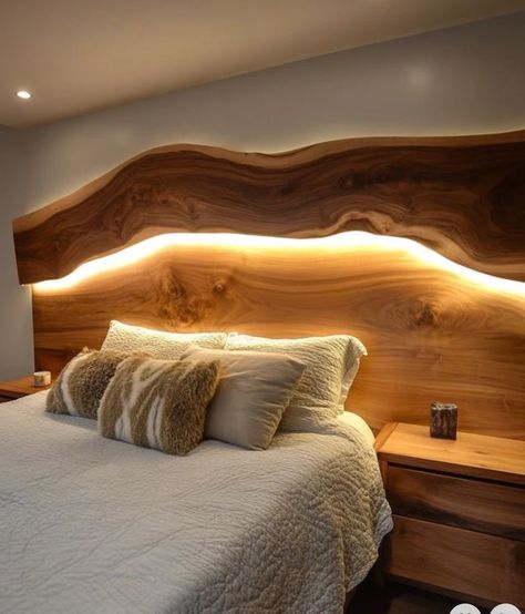 Unique Wooden Headboard Ideas, Unique Wood Bed Frame, Butcher Block Headboard, Large Wood Headboard, Live Edge Headboard Bedroom, Diy Wooden Headboard Ideas, Bed Frame Ideas Wood, Wooden Bedframe Bedroom Ideas, Wooden Headboard Bedroom