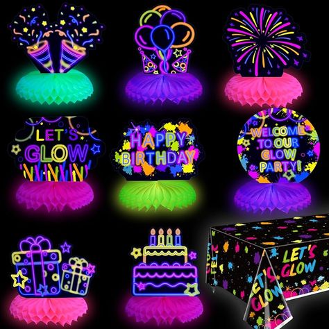 Amazon.com: 10 Pieces Glow in The Dark Party Table Decorations, Neon Table Honeycomb Centerpiece and Let's Glow Tablecloths Set - Black Light Table Topper Neon Decorations for Kids Glow in Dark Party Supplies : Toys & Games Neon Party Foods, Glo Party, Neon Table, Glow Party Ideas, Glow Theme Party, Glow In The Dark Birthday, Honeycomb Centerpiece, Neon Decorations, Neon Party Decorations