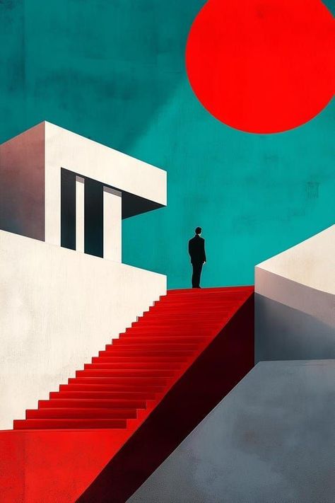 Modern Minimalist Canvas Print with Bold Red Staircase and Turquoise Background Inspired by Bauhaus Style Wall Art by CustomCanvasCurators 🎨 Elevate your space with our Modern Minimalist Canvas Print! 💫 Embrace the bold red staircase and serene turquoise backdrop, inspired by the iconic Bauhaus movement. ✨ Perfect for adding a touch of contemporary design to your home, office, or studio. 💙🖼️ Let's spark conversations about art, modernism, and the power of color! 🌈 Perfect for art lovers or ... Contemporary Geometric Art, Bauhaus Art Paintings, Bauhaus Room, Bauhaus Background, Red Background Painting, Bauhaus Illustration, Red Staircase, Red Modern Art, Modern Minimalist Painting