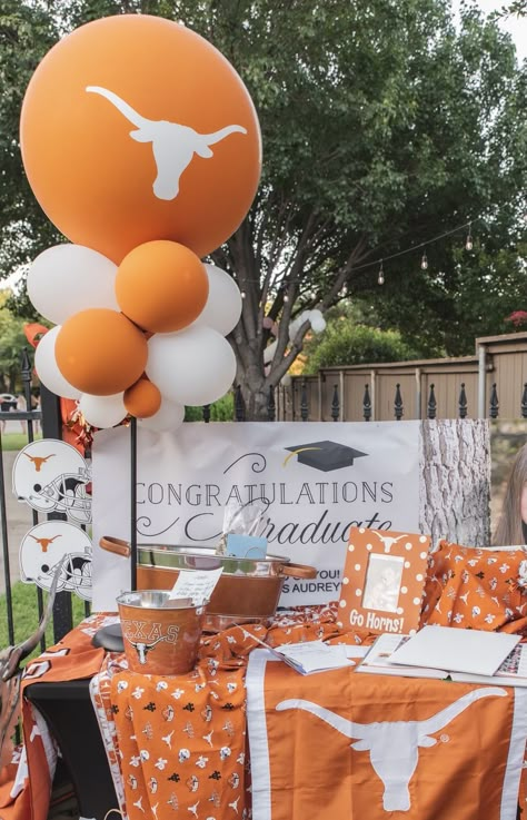 University Of Texas Party Decorations, Ut Graduation Party Ideas Texas Longhorns, University Of Texas Graduation Party, Ut Austin Graduation Party Ideas, Signing Day Table College, Longhorn Party Ideas, Ut Graduation Party, College Balloons, Texas Party Decorations