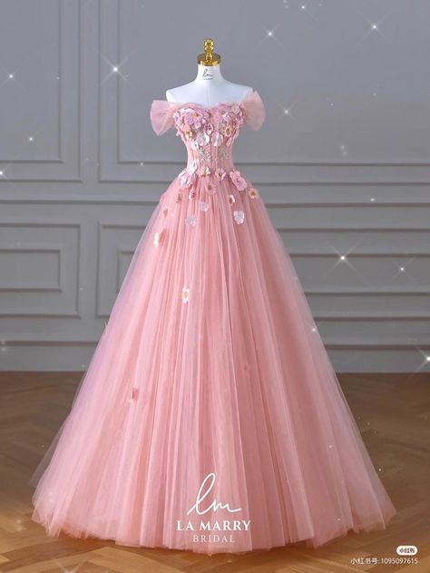 Pink Prom Dresses Princess, Pink Princess Dress Fairytale, Fairy Prom Dresses, Pastel Wall Collage, Pink Aesthetic Room Decor, Pink Aesthetic Room, Debut Gowns, Pink Princess Dress, Wrapped Presents