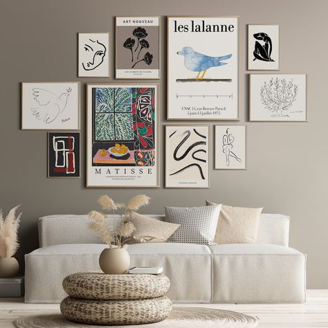 4 Piece Gallery Wall, Eclectic Art Prints Blue, Gallery Wall Over Table, Sannahed Ikea Gallery Wall, Modern Eclectic Wall Art, Wall Art Work Ideas, Matisse Gallery Wall, Gallery Wall Minimalist, Asymmetrical Gallery Wall