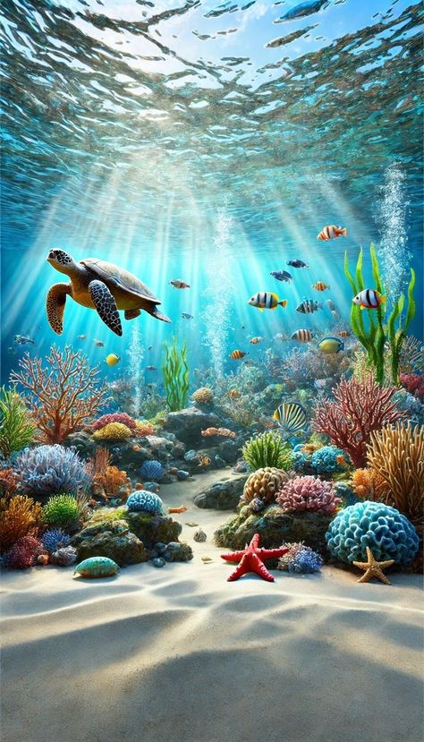 Coral Reef Landscape, Underwater Creatures Art, Underwater Turtle, Sea Turtle Wallpaper, Ocean Creatures Art, Sea Life Wallpaper, Under Water World, Underwater Landscape, Underwater Wallpaper