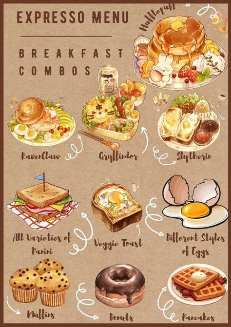 Menu Illustration Food, Egg Food Recipes, Cute Menu Ideas, Food Calorie Chart, Food To Draw, Chibi Food, Food Reference, Food Doodles, Coffee Shop Menu