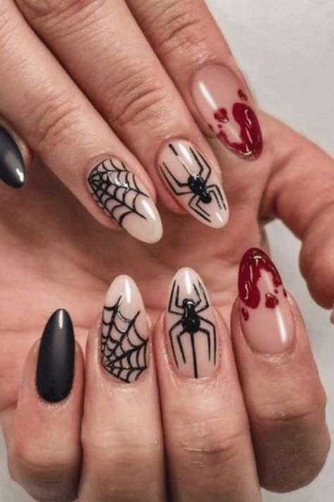 24PCS Halloween press-on nails in almond shape with spider web design, including glue stickers, nail file, and wooden stick. Nail Halloween Designs, Halloween Nails Spider, Wedding Guest Nails, Medium Acrylic Nails, Acrylic Nails Glossy, Nails Short Medium, Press On Nails French Tip, Nails Spider, Spider Nails