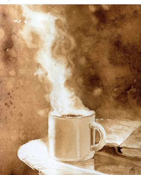 Brown Watercolor Painting, Coffee Art Drawing, Painting With Coffee, Magical Watercolor, Coffee Art Painting, Cafe Artwork, Brown Watercolor, Coffee Watercolor, Watercolor Galaxy