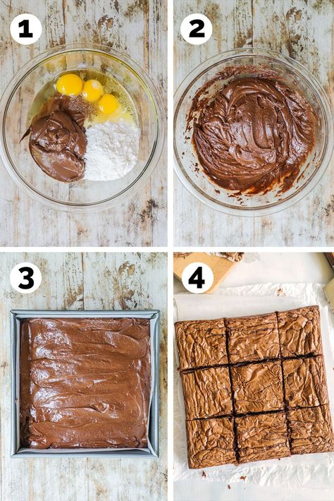 These 3 Ingredient Nutella Brownies are rich, fudgy, gooey, and delicious...and yes, they really are just made with 3 ingredients! Nutella, flour, and eggs are combined until smooth, then baked into the most mouthwatering, chocolatey, melt-in-your-mouth, Fudgy Nutella brownies. Just 5 minutes of prep needed for these easy brownies with Nutella! Brownies With Nutella, Easy Baking For Kids, 3 Ingredient Nutella Brownies, Easy Desserts For Kids, Easy Nutella Brownies, 3 Ingredient Brownies, Easy Brownies, Nutella Recipes Brownies, Family Desserts