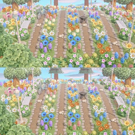 Acnh Flower Combinations, Acnh Heart Pond, Animal Crossing Flower Codes, Acnh Flower Garden, Medieval Towns, Acnh Paths, Ac Ideas, Acnh Inspiration, City Flowers