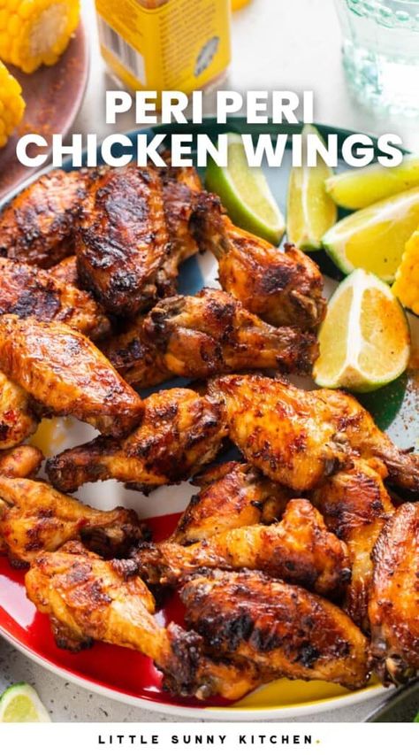 Peri Peri Chicken Wings - Nando's Copycat - Little Sunny Kitchen Peri Peri Chicken Wings Recipe, Wing Marinade, Camping Recipes Dinner, Dinner Ideas Sides, Marinated Wings, Chicken Wing Marinade, Roasted Pig, Shrimp Zucchini Noodles, Shrimp Zucchini