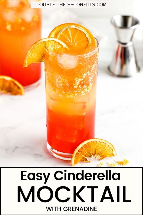 If you're in need of a new mocktail idea, this Cinderella mocktail is full of vitamin C, has the most refreshing mix of citrus juices, and is the perfect balance of zesty and sweet.  While it's definitely a delicious and refreshing drink for those hot summer days, it's also ideal during the winter months to let those in-season citrus fruits shine! Cinderella Mocktail, Grenadine Syrup, Orange Juice Drinks, Citrus Drinks, Juice Pineapple, Craft Cocktail Recipe, Fresh Orange Juice, Alcohol Free Drinks, Fresh Fruit Juice