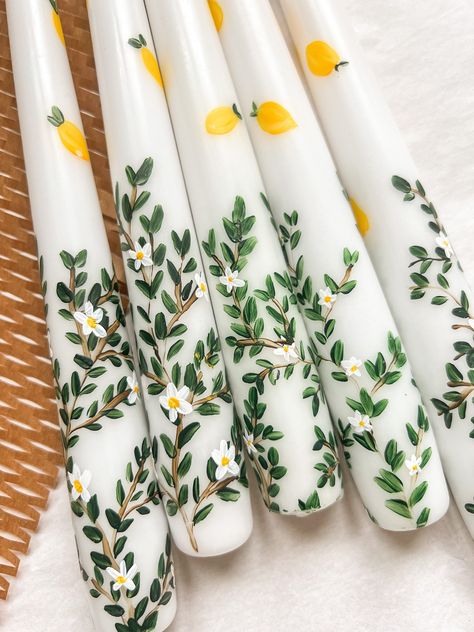 Candles Taper, Girls Night Crafts, Painted Candlesticks, Lemon Candle, Tapered Candles, Spring Candles, Candle Crafts Diy, Hand Painted Candles, Dinner Candles