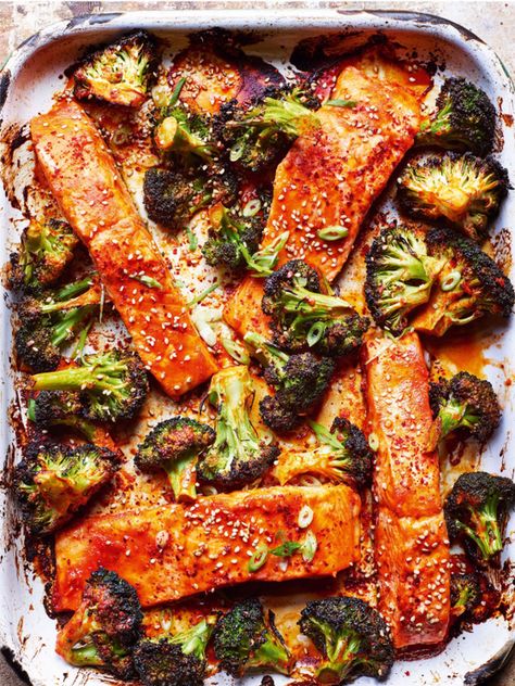 Korean Salmon & Broccoli Traybake | SheerLuxe Korean Salmon, Salmon Tray Bake, Salmon Broccoli, Salmon And Broccoli, Gluten Free Brands, Broccoli Bake, Marinated Salmon, Green Fish, Healthy Salmon