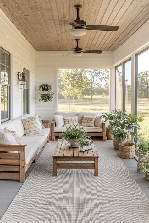 ♥ Are you dreaming of a cozy retreat to enjoy all year round? Explore these screened in porch ideas, perfect for creating a 4 season room or 3 season room. Transform your outdoor space with front porch decor and small enclosed porch ideas. From DIY screened in porch projects to budget-friendly screened porch designs, find inspiration for your own relaxing oasis. 🌿🏡 #enclosedporchideas #sunroomideas #frontporchdecor #cozysunroom #modern #farmhouse #rustic Modern Screened In Porch, Screened In Porch Ideas, Enclosed Patio Ideas, Cozy Sunroom, Screen Porches, Small Sunroom, Screened Porch Decorating, Porch Interior, Indoor Porch