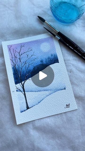 Watercolor Art Winter Easy, Easy Winter Watercolor Ideas, Watercolour Snow Scenes Winter Landscape, Winter Landscape Painting Watercolor Easy, Simple Winter Watercolor Paintings, Simple Winter Scenes To Paint, Easy Landscape Paintings Tutorials, Watercolour Winter Landscape, Winter Watercolor Paintings Landscapes