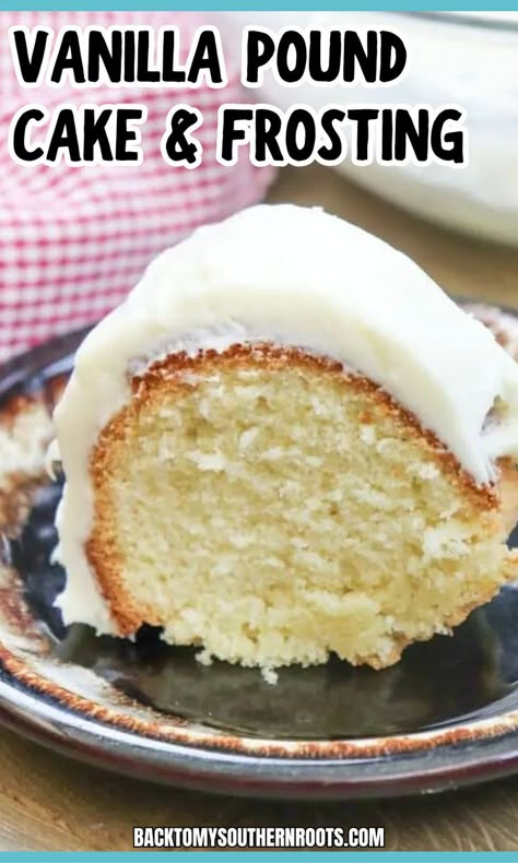 A slice of cake on a plate with frosting on top for a delicious dessert. Pound Cake Frosting Recipes, Pound Cake With Buttercream Frosting, Cream Cheese Icing For Pound Cake, Pound Cake With Frosting, Buttery Pound Cake Recipes Moist, Pound Cake With Cream Cheese Icing, Bundt Cake With Cream Cheese Frosting, Vanilla Cake With Cream Cheese Frosting, Velvety Cream Cheese Pound Cake