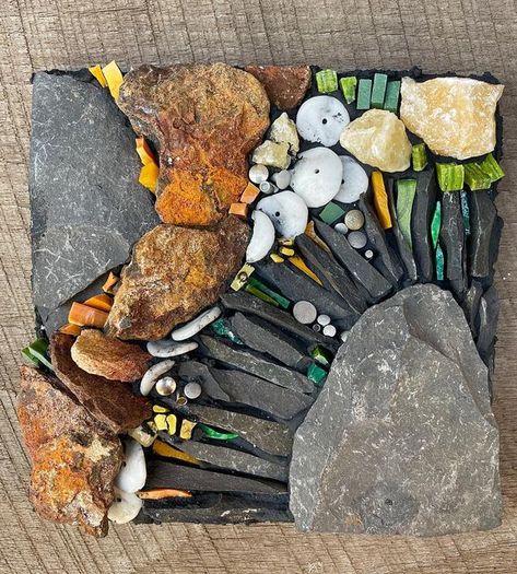 Sheri Fox Mosaic Arts on Instagram: "I’ve been taking little breaks from the giant water wall to make this 6”x6” for @racheldaviesmosaics Abstract Mosaic from Nature class. It’s been fun to get back to using rough, natural materials direct in cement adhesive. This was based on a photo of a mossy rock wall (swipe for original photo and my “sketch”). The challenge was to be inspired by the image, not bound to replicating it. I loved learning Rachel’s technique and I’m feeling great about my result Forest Mosaic, Mosaic On Driftwood, Mosaic River Scene, Cactus Mosaic Wall Art, Crash Glass Mosaic, Garden Rock Art, Rock Wall, Water Walls, Mosaic Wall Art