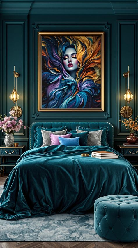 Dark Teal Bedroom Moody Teal Bedroom, Dark Teal Bedroom Colour Schemes, Teal Bedroom Ideas For Women, Dark Teal Bedding, Dark Turquoise Bedroom, Deep Teal Bedroom, Teal Color Palette Bedroom, Dark Teal Walls, Blush And Gold Bedroom