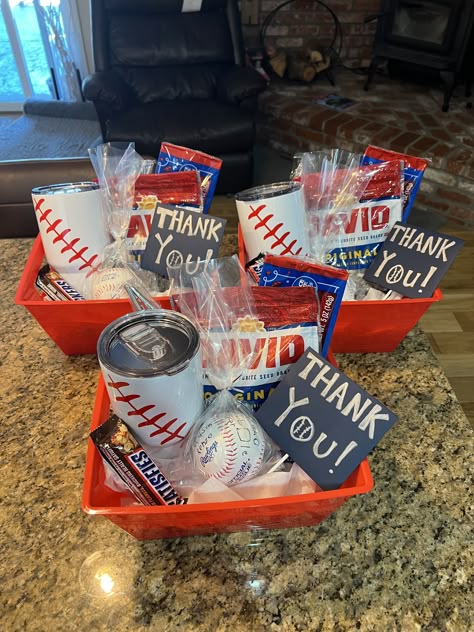 Tball Coach, Baseball Gift Basket, Baseball Team Party, Baseball Snacks, Baseball Banquet, Team Mom Baseball, Coach Gift Ideas, Softball Coach Gifts, Baseball Team Gift