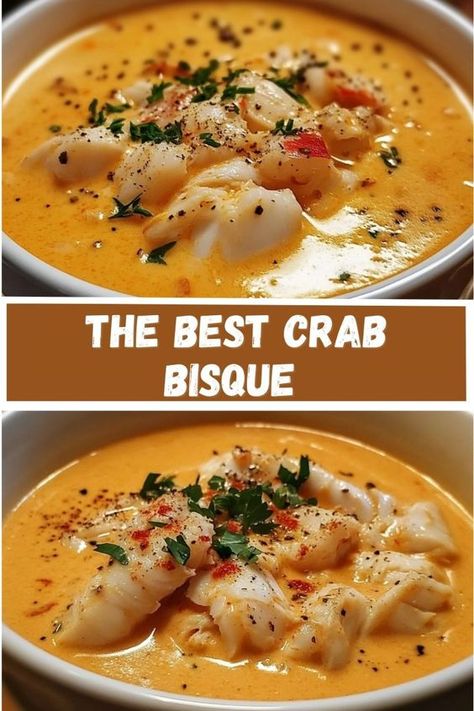 Indulge in the rich, velvety goodness of the BEST Crab Bisque! This creamy seafood soup is packed with tender crab meat and perfectly seasoned to deliver a luxurious, savory flavor in every spoonful. Whether you're serving it as an elegant appetizer or a comforting main dish, this easy crab bisque recipe is sure to impress! The Best Crab Bisque, Bayou Crab Chowder, Seafood Fall Recipes, Crab Tots Recipe, Easy She Crab Soup, Tomato Crab Soup, Best Crab Bisque Recipe, Crab Bisque Soup Easy, Cajun Crab Soup