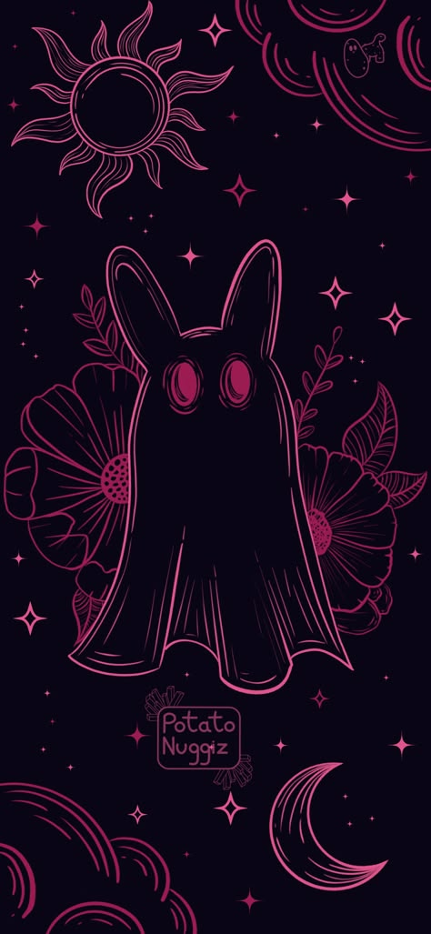 Celestial-themed Bunny Ghost with flowers, clouds, moon, sun and stars Wallpaper Backgrounds Creepy, Cool Mushroom Wallpaper, Cute Goth Wallpaper Iphone, Whimsical Illustration Wallpaper, Kawaii Goth Wallpaper Iphone, Pastel Goth Lockscreen, Spooky Easter Wallpaper, Gothic Easter Wallpaper, Goth Easter Wallpaper