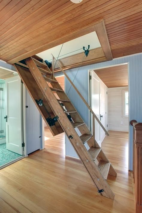 Attic Stairs Pull Down, Bathroom Under Stairs, Loft Staircase, Attic Staircase, Attic Doors, Modern Small Bathrooms, Multifunctional Furniture Small Spaces, Loft Stairs, Attic Stairs