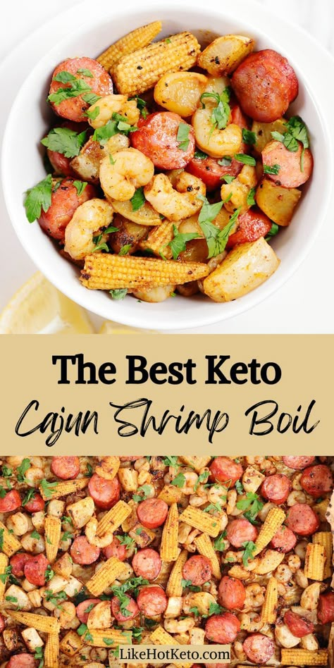 Keto shrimp boil with andouille sausages, turnips and baby corn garnished with chopped parsley. Shrimp Boil In Oven, Mardi Gras Recipe, Low Carb Cajun, Sheet Pan Shrimp Boil, Pan Shrimp Boil, Seafood Boil Recipe, Bariatric Keto, Seafood Broil, Corn And Potatoes