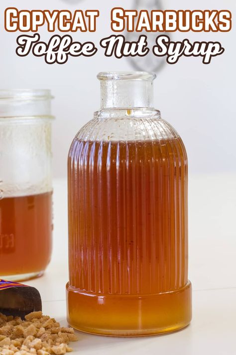 Toffee Simple Syrup, Smores Syrup Recipe, Toffee Nut Syrup Recipe Starbucks, Homemade Toffee Nut Syrup, Macadamia Nut Syrup Recipe, Homemade Salted Caramel Coffee Syrup, Homemade Coffee Syrups Recipes, Winter Coffee Syrup Recipe, English Toffee Syrup Recipe