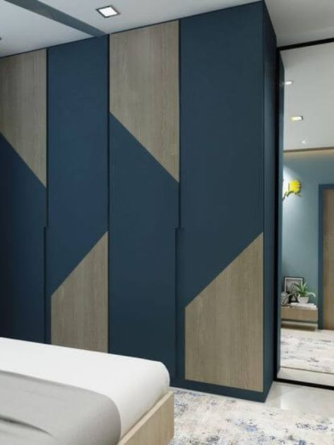 Wardrobe Pattern Design Bedroom, Wardrobe Design Pattern, Almirah Color Ideas, Wardrobe Pattern Design, Dark Blue Wardrobe Bedroom, Two Tone Wardrobe, Wardrobe Sunmica Design, Walldrop Design Bedroom, Wordroab Design