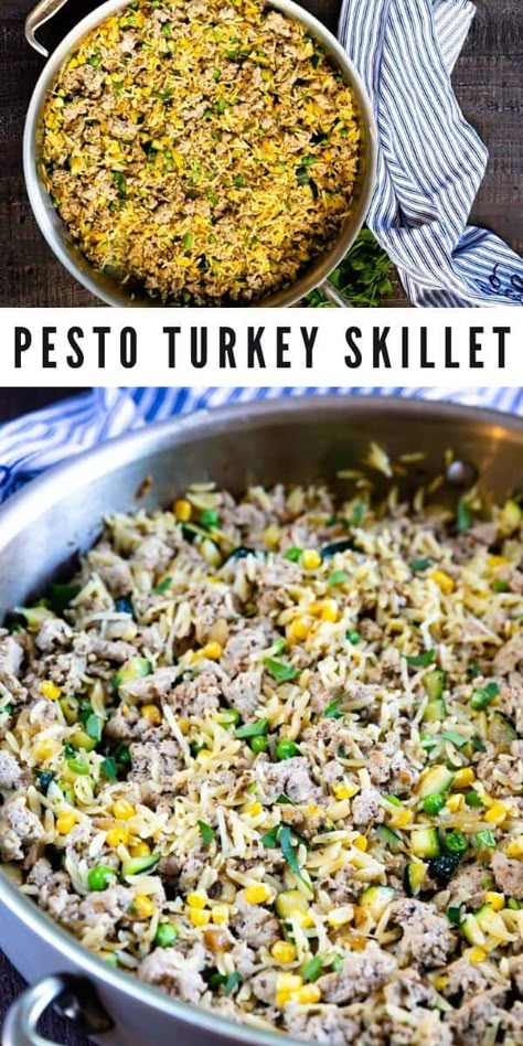 This Pesto Turkey Skillet is a new favorite of ours for many reasons! It’s easy, flavorful, and loaded with veggies like peas, corn and zucchini making it a healthier option for dinner! Turkey Orzo, Ground Turkey Meals, Ground Turkey Skillet, Pesto Turkey, Turkey Skillet, Turkey Recipes Healthy, Ground Turkey Recipes Easy, Turkey Meals, Turkey Dinners