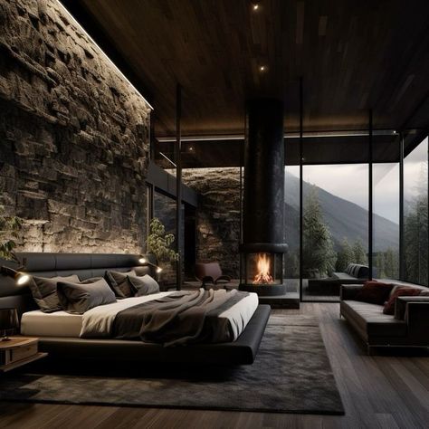 Luxury Mountain Bedroom, Dark Bedroom With Fireplace, Dark Bed Ideas, Mountain House Interior Bedroom, Dark Modern Luxury Bedroom, Mountain Home Interiors Bedrooms, Dark Organic Bedroom, Mountain Home Bedroom Ideas, Modern Minimalist House Design Interiors