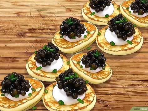 3 Ways to Eat Caviar - wikiHow Red Caviar Appetizers, Caviar Tasting, Caviar Party, How To Serve Caviar, Caviar Appetizers, Caviar Dishes, Caviar Recipes, Fish Eggs, Serving Ideas