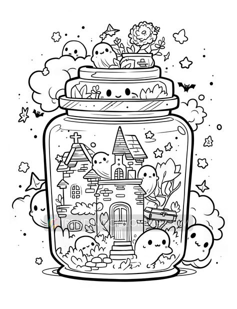 101 Kawaii Halloween in Jar Coloring Pages - Instant Download Colouring Pages For Adults Aesthetic, Libros Aesthetic, Chibi Coloring Pages, Halloween Jars, Detailed Coloring Pages, Mini Printer, Cute Doodles Drawings, Grayscale Coloring, Halloween Coloring Pages