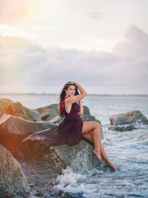 Beach Poses With Dress Long, Beach Stool Photoshoot, Rock Beach Photoshoot, Beach Dress Photoshoot, Beach Fashion Photography, Beach Fashion Shoot, Beach Senior Pictures, Beach Photoshoot Ideas, Beach Poses By Yourself Photo Ideas