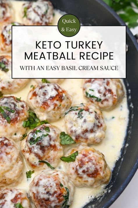 Tender, juicy, and savory in taste but simple to whip up. This Keto Turkey Meatball Recipe With An Easy Low Carb Sauce is cooked with a basil cream sauce that results in pure comfort food with only 4 grams of net carbs. Use them as a family dinner or a potluck appetizer, these gluten free turkey meatballs will be gobbled up in no time. Turkey Meatballs With Cream Sauce, Turkey Recipes Low Carb, Keto Meatball Sauce, Sauce For Turkey Meatballs, Keto Meatballs Low Carb, Keto Meatball Recipes, Easy Keto Meatballs, Keto Ground Turkey Recipes, Keto Turkey Meatballs