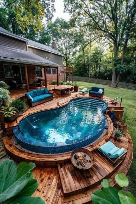 Above Ground Pool Deck Ideas On A Hill, Small Pool Backyard Landscaping, Deck Pool Above Ground, Pool And Hot Tub Backyard Ideas, Half In Ground Pool Ideas, Luxury Above Ground Pool, Above Ground Pool Privacy Ideas, Pool And Hot Tub Backyard, Pool In Deck