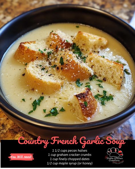 Indulge in the rich and comforting flavors of Country French Garlic Soup. This hearty and savory dish is the perfect way to warm up on a chilly evening. Check out the recipe and add a touch of French countryside charm to your kitchen. #garlicsoup #frenchcuisine #souplover #comfortfood #foodieheaven #PinterestRecipe French Garlic Soup, Country French Garlic Soup, Garlic Soup Recipe, Soup Store, Corn Chicken, Garlic Soup, Parmesan Crusted Chicken, Wild Rice Soup, French Dishes