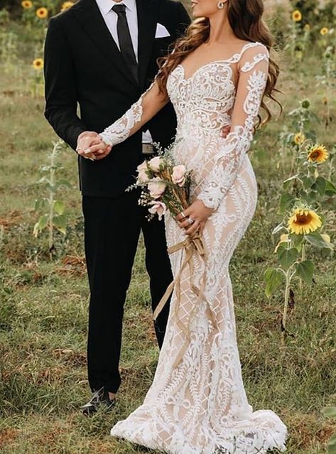 Fitted Wedding Dress With Sleeves, Wedding Dresses Mermaid Trumpet, Boho Formal, Long Sleeve Mermaid Wedding Dress, Dreamy Wedding Dress, Boho Bridal Gowns, Garden Wedding Dresses, Long Sleeve Wedding Dress Lace, Lace Bridal Gown