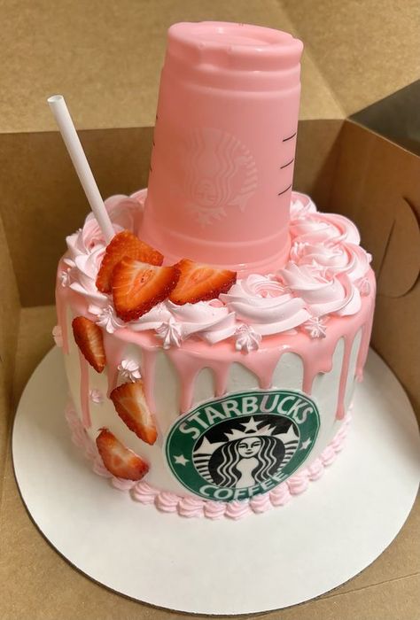 Starbucks Pink Drink Cake Ideas, Starbucks Pink Drink Birthday Cake, Starbucks Inspired Cake, Birthday Cakes For 11, Starbucks Pink Drink Birthday Party, Starbucks Theme Party Ideas, Starbucks Bday Cake, Lululemon Cake Ideas, Pink Starbucks Birthday Party