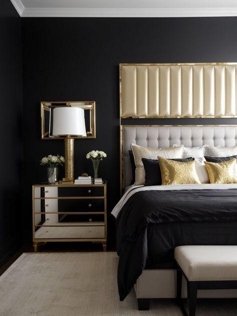 Bedroom Aesthetic For Men, Royal Bedroom Aesthetic, Gold Accent Wall Bedroom, Modern Black Nightstand, Black Accent Wall Ideas, Scandinavian Dining Room Decor, Velvet Tufted Headboard, Aesthetic For Men, Black Gold Bedroom