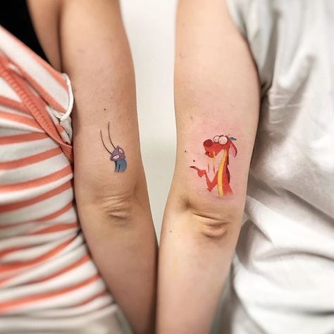 Colorful Cartoon Tattoos, Mulan Cricket Tattoo, Disney Up Tattoo, Mushu Mulan Tattoo, Disney Tattoo Inspiration, Mulan Cricket, Mushu And Cricket, Mushu Tattoo, Cricket Tattoo