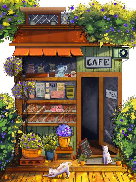 Japanese Style Cafe, Angela Hao, Well Illustration, Bakery And Coffee Shop, City Cafe, Japanese Shop, Cute Coffee Shop, Creation Art, Watercolor Architecture