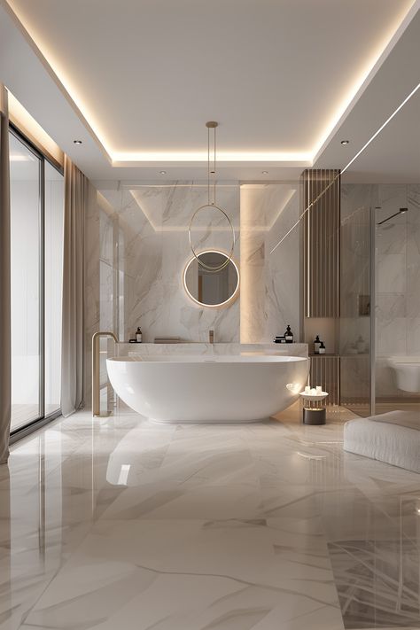 Sophisticated marble bathroom • Refined ambient lighting • Elegant freestanding tub • Floating marble vanity • Statement circular mirror with backlight • Gold-tone pendant lighting • Glass-encased shower • Luxurious polished marble flooring • Plush towels and spa accessories for a pampering experience. Light Marble Bathroom, Freestanding Tub With Shower Combo, Luxury Grey Bathroom, Modern Master Bathrooms 2024 Trends, Dream Bathrooms Luxury Modern, Gold Marble Bathroom, Floating Marble Vanity, Bathrooms Luxury Modern, Mirror With Backlight